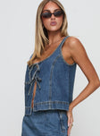 side view of model wearing Princess Polly Stefenie Denim Tie Top Mid Wash Sleeveless Square Neck 