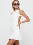 side view of model wearing Princess Polly Swoon Mini Dress White Boat Neck 