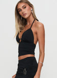 side view of model wearing Princess Polly Norwalk Plunge Neck Top Black Sleeveless Plunger 