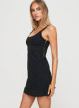 side view of model wearing Princess Polly Rautha Denim Mini Dress Black Square Neck 