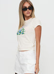 side view of model wearing Princess Polly Viva La Vino Top Cream Short Sleeves Crew Neck 