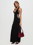 side view of model wearing Princess Polly Make A Fortune Hardware Halter Maxi Dress Black Plunger 