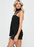 side view of model wearing Princess Polly 1999 Mini Dress Onyx Asymmetric Neckline 