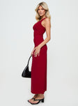 side view of model wearing Princess Polly Smithy Maxi Dress Red Asymmetric Neckline 