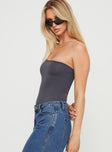 side view of model wearing Princess Polly Hutter Bodysuit Grey Tall Sleeveless Asymmetric Neckline 