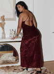 back view of model wearing Princess Polly Zotta Maxi Dress Burgundy Curve Square Neck 