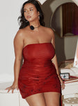 front view of model wearing Princess Polly Quinlan Strapless Mini Dress Red Curve Straight Neck 