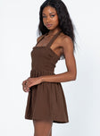 side view of model wearing Princess Polly Rhea Mini Dress Brown Square Neck 