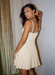 Front view of model wearing  front Princess Polly Asymmetric Neckline  Itzabella Pleated Mini Dress Taupe