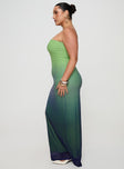 side view of model wearing Princess Polly Stolen Love Strapless Maxi Dress Blue / Green Ombre Curve Straight Neck 