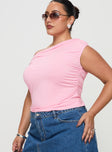 side view of model wearing Princess Polly Beller Top Pink Curve Sleeveless Asymmetric Neckline 