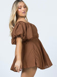 side view of model wearing Princess Polly Halton Mini Dress Brown 