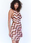 side view of model wearing Princess Polly Bliss Mini Dress Brown Multi 