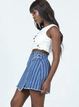   side view of model wearing Princess Polly Ariyah Wrap Denim Mini Skirt 