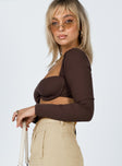 side view of model wearing Princess Polly Becca Long Sleeve Crop Top Brown Full Sleeves Square Neck 