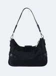 Black shoulder bag Removable shoulder strap Zip and magnetic button fastening  Silver-toned hardware Internal zip pocket and card slip Flat base