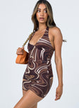 side view of model wearing Princess Polly Chrissy Mini Dress Brown Swirl 