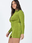 side view of model wearing Princess Polly Elody Long Sleeve Mini Dress Green 