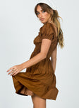 side view of model wearing Princess Polly Daniela Mini Dress Chocolate Brown 