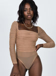 front view of model wearing Princess Polly Delany Bodysuit Beige Full Sleeves Square Neck 