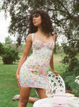 side view of model wearing Princess Polly Be Mine Floral Mini Dress Yellow Multi 