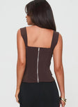 back view of model wearing Princess Polly Kyrie Longline Corset Top Brown Sleeveless Sweetheart 