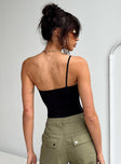 back view of model wearing Princess Polly Hutter Bodysuit Black Sleeveless Asymmetric Neckline 