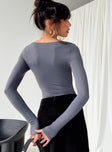 back view of model wearing Princess Polly Mallard Bodysuit Grey Full Sleeves Scoop Neck 