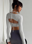 Front view of model wearing  front Princess Polly Full Sleeves Asymmetric Neckline  Albion Top Grey