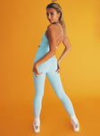 back view of model wearing Princess Polly Sports Star Leggings Blue 