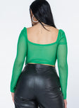 back view of model wearing Princess Polly Beverly Long Sleeve Top Green Full Sleeves Square Neck 