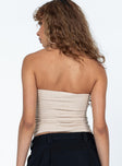 back view of model wearing Princess Polly Jaynee Strapless Top Beige Sleeveless Sweetheart 