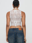 back view of model wearing Princess Polly Maryam Lace Top White Sleeveless Cowl 