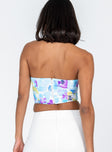 back view of model wearing Princess Polly Kianni Strapless Top Blue Sleeveless Sweetheart 