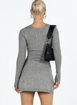 back view of model wearing Princess Polly Tomer Knit Mini Dress Grey Crew Neck 