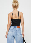 back view of model wearing Princess Polly Prida Scoop Neck Bodysuit Black Sleeveless Scoop Neck 