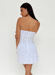 Front view of model wearing  front Princess Polly Asymmetric Neckline  Bette Strapless Mini Dress White / Blue