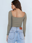 back view of model wearing Princess Polly Charlotte Bodysuit Khaki Full Sleeves Square Neck 