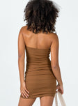 back view of model wearing Princess Polly Emmaline Strapless Mini Dress Brown Square Neck 