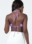 back view of model wearing Princess Polly Bryant Crop Top Purple 