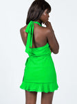 back view of model wearing Princess Polly Halsey Wrap Mini Dress Green 