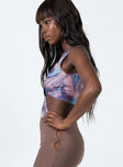 side view of model wearing Princess Polly Adalyn Bodysuit Brown Multi Sleeveless Plunger 