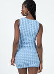 back view of model wearing Princess Polly Kendrick Mini Dress Blue Crew Neck 