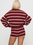 back view of model wearing Princess Polly Read Your Mind Knit Short Maroon Stripe High Waisted Shorts 