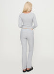 back view of model wearing Princess Polly Closed Eyes Flared Pant Grey Low Rise Pants 