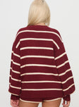 back view of model wearing Princess Polly Read Your Mind Knit Sweater Maroon Stripe 