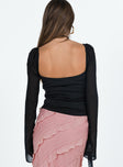 back view of model wearing Princess Polly Pavel Long Sleeve Satin Top Black Full Sleeves Sweetheart 