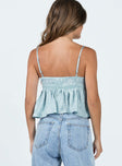 Front view of model wearing  front Princess Polly Sleeveless Square Neck  Pria Top Blue