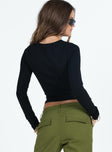 back view of model wearing Princess Polly Elements Long Sleeve Top Black Full Sleeves Crew Neck 