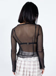 back view of model wearing Princess Polly Everly Long Sleeve Top Black Full Sleeves V-Neck 